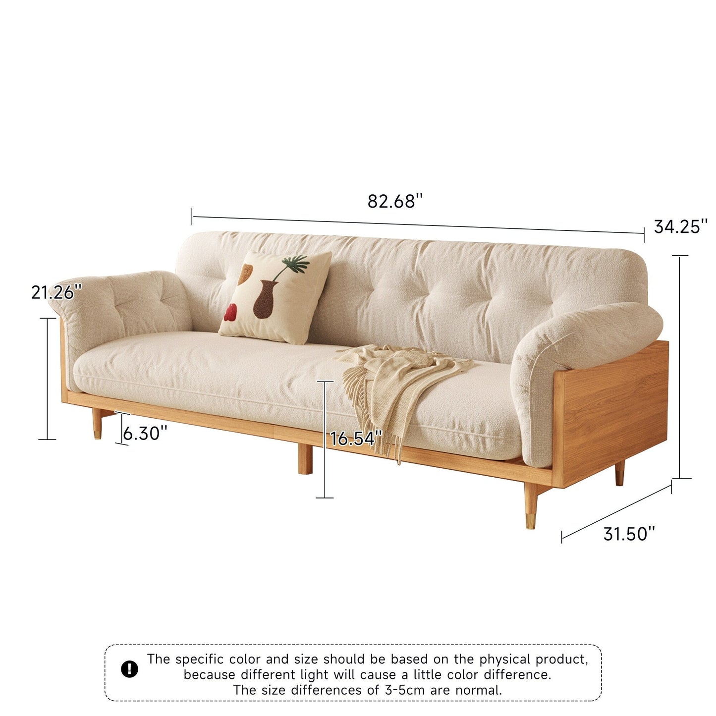 Divano rettangolare a tre posti in tessuto di lino con braccioli svasati Romision, colore beige