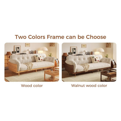 Divano rettangolare a tre posti in tessuto di lino con braccioli svasati Romision, colore beige