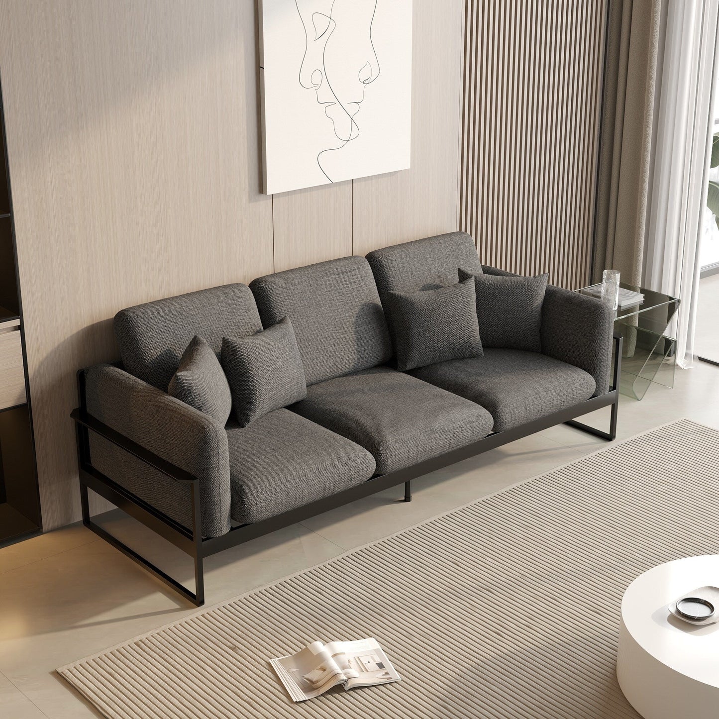 Divano rettangolare a tre posti in lino Romision