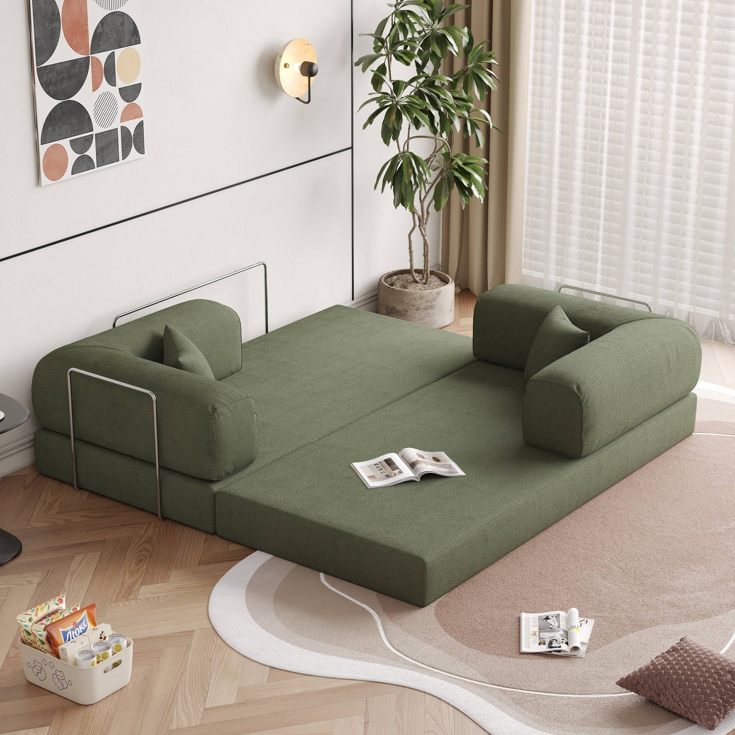 Divano letto rettangolare convertibile in tessuto a coste con braccioli rotondi Romision