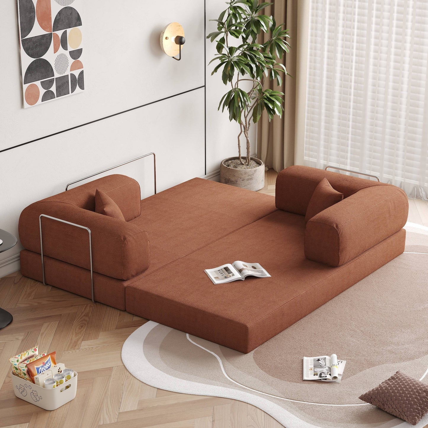 Divano letto rettangolare convertibile in tessuto a coste con braccioli rotondi Romision