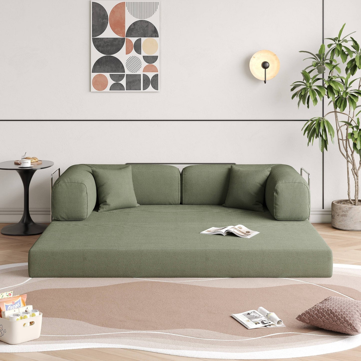 Divano letto rettangolare convertibile in tessuto a coste con braccioli rotondi Romision