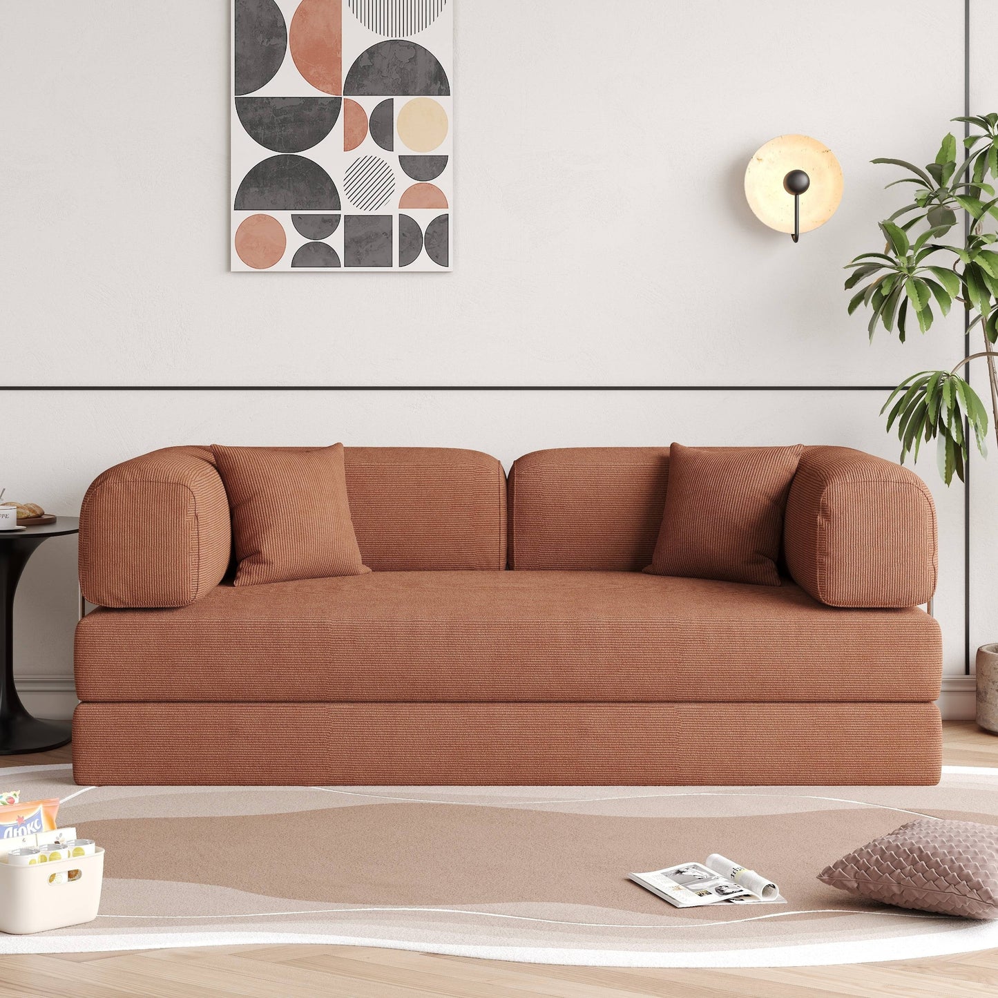 Divano letto rettangolare convertibile in tessuto a coste con braccioli rotondi Romision