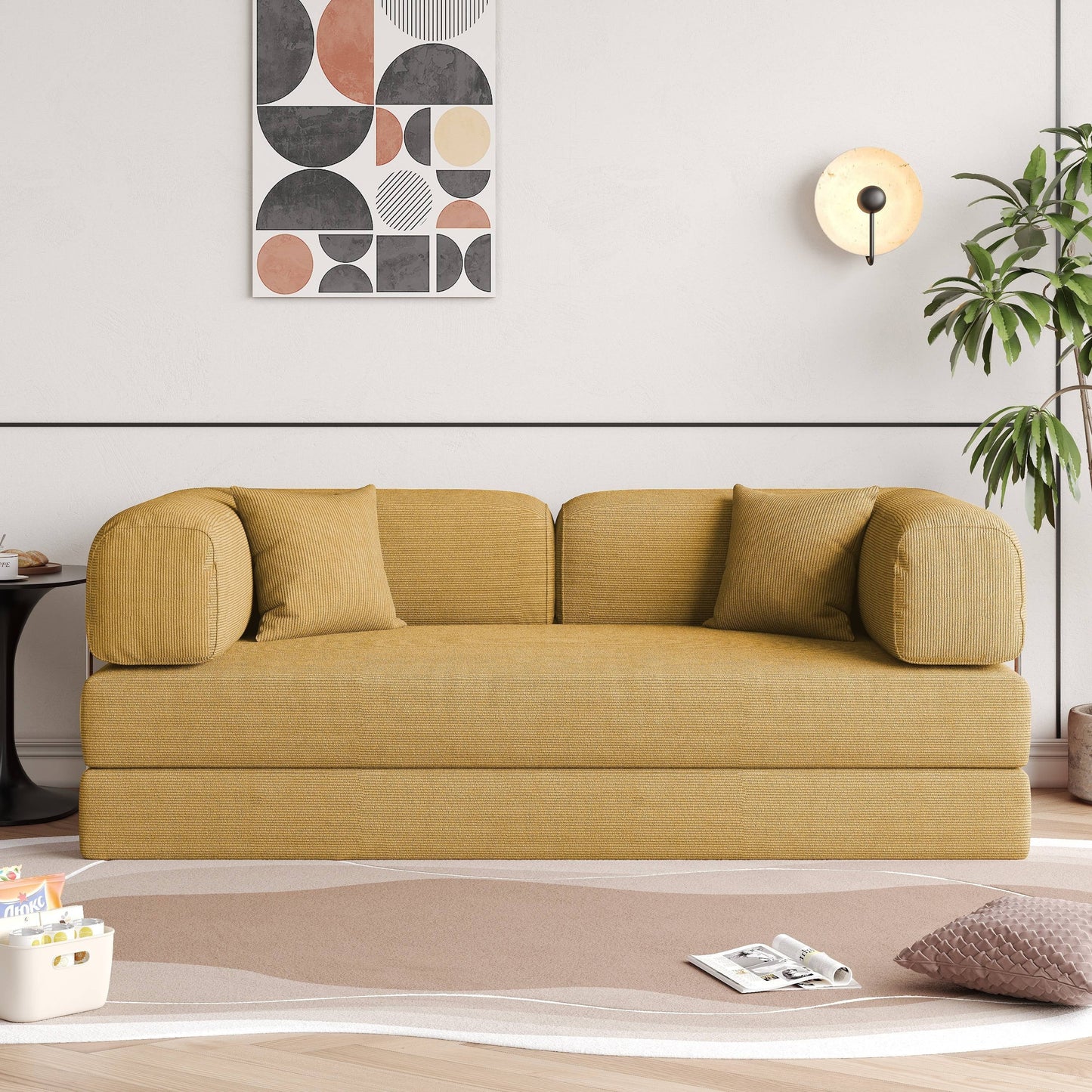 Divano letto rettangolare convertibile in tessuto a coste con braccioli rotondi Romision