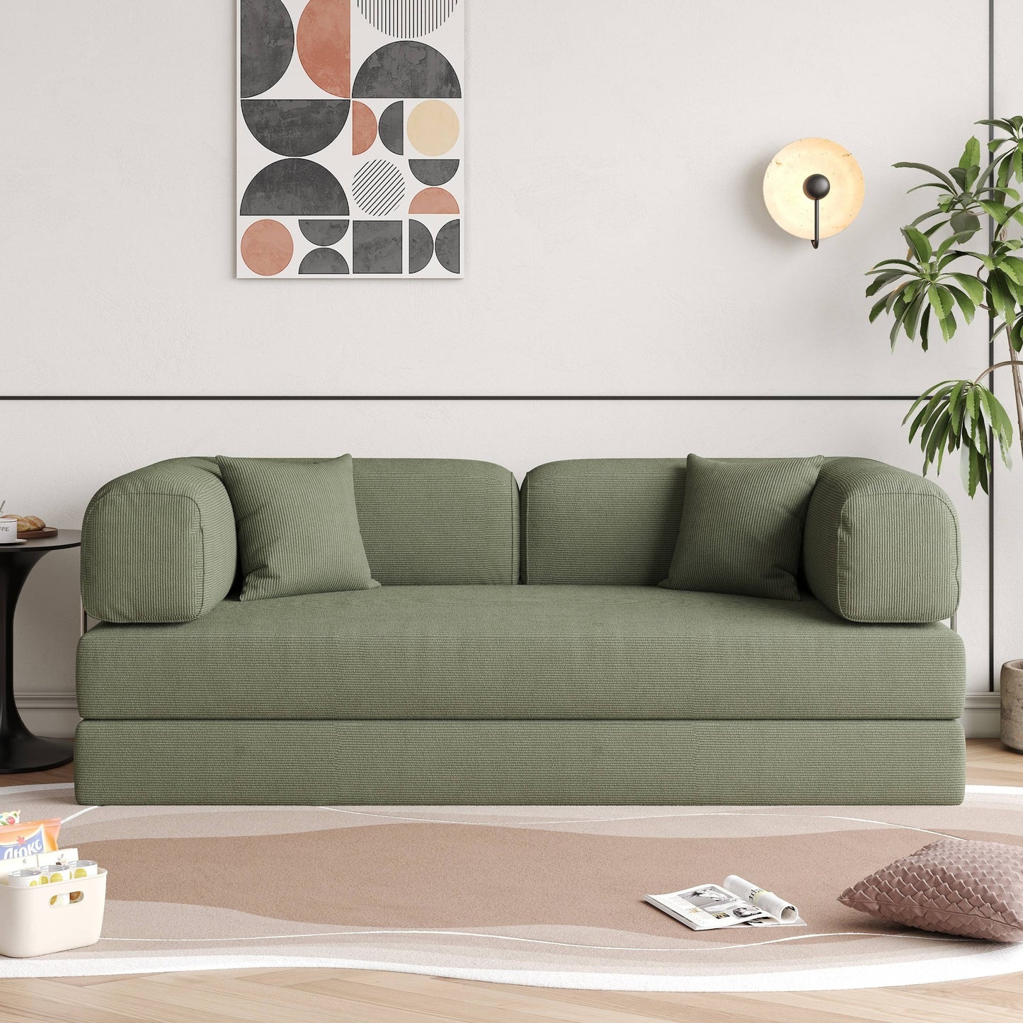 Divano letto rettangolare convertibile in tessuto a coste con braccioli rotondi Romision