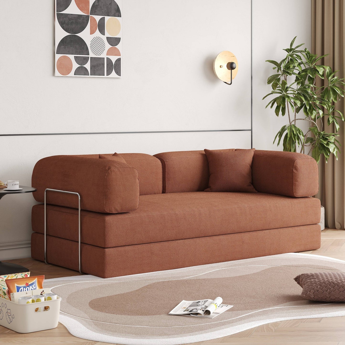 Divano letto rettangolare convertibile in tessuto a coste con braccioli rotondi Romision