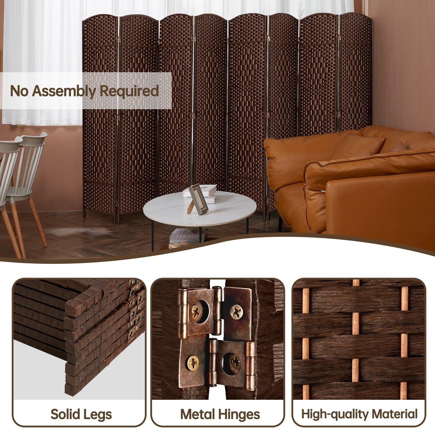 Divisorio per ambienti, divisorio pieghevole in fibra intrecciata, alto 6 piedi, indipendente