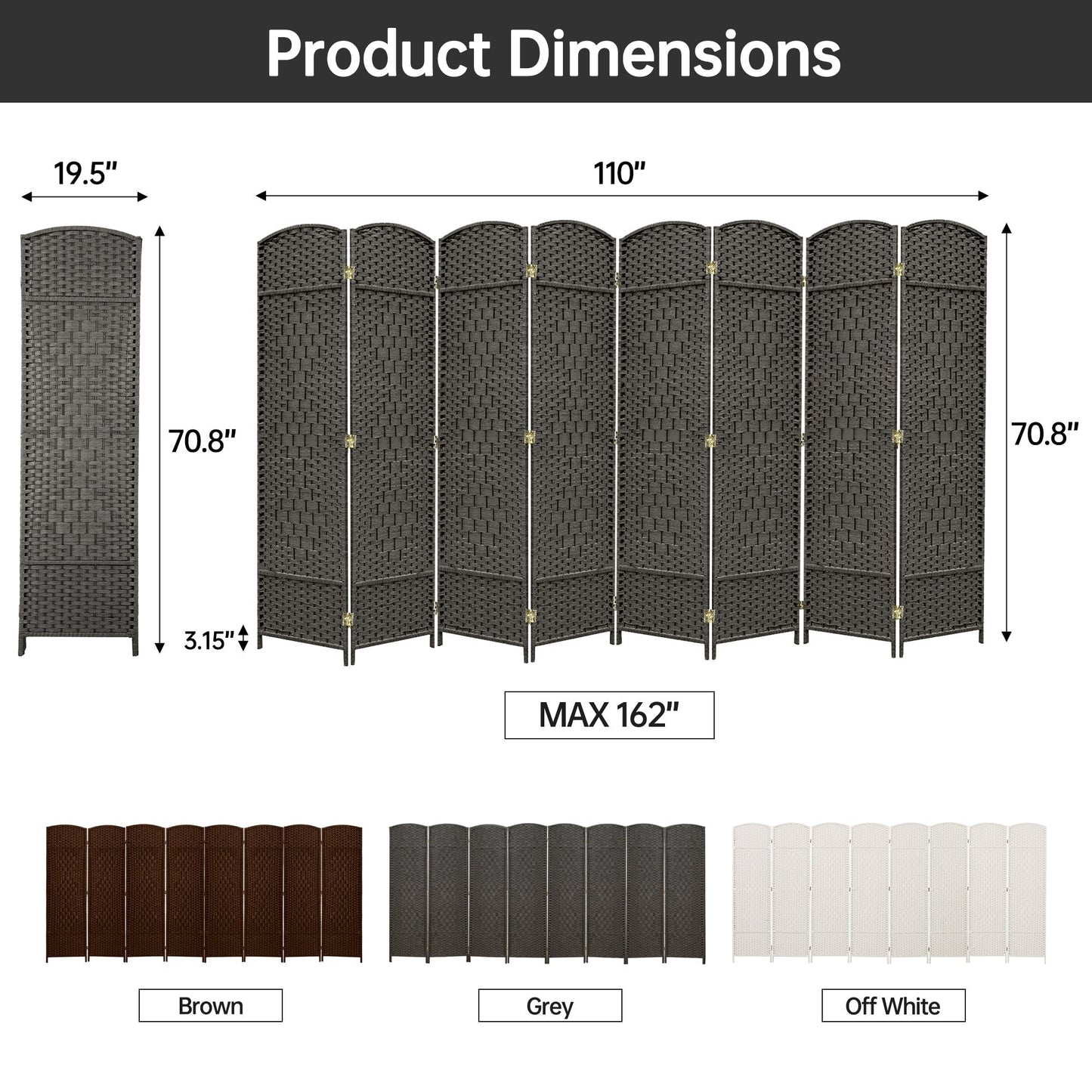 Divisorio per ambienti, divisorio pieghevole in fibra intrecciata, alto 6 piedi, indipendente