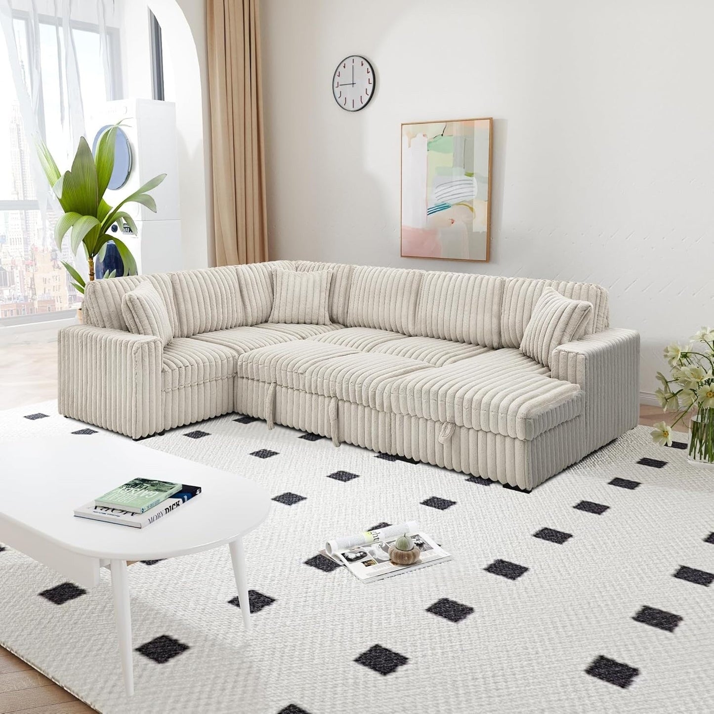 Divano letto estraibile Roomfitters da 122 pollici, divano letto in tessuto morbido, comodo divano letto imbottito a forma di U di grandi dimensioni