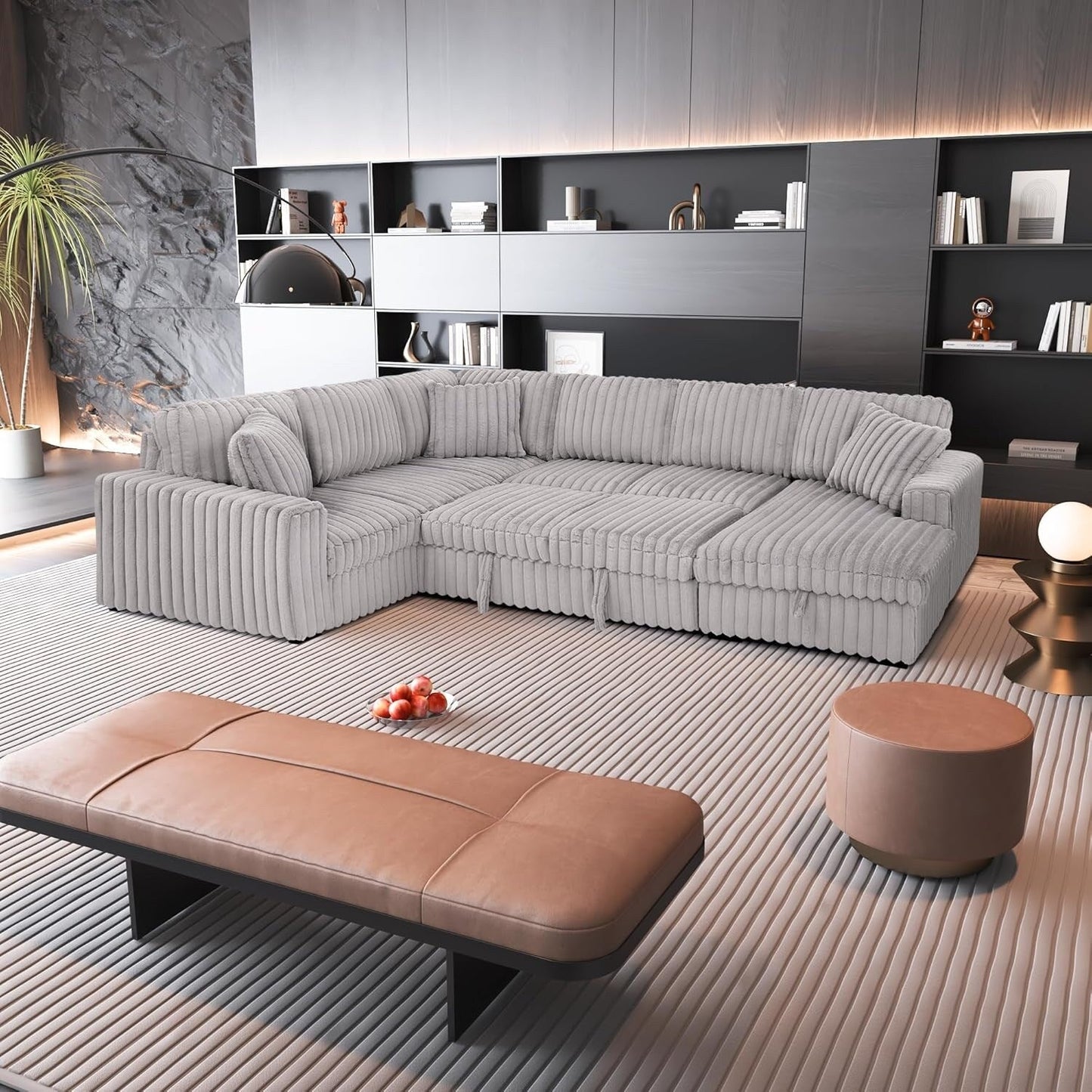 Divano letto estraibile Roomfitters da 122 pollici, divano letto in tessuto morbido, comodo divano letto imbottito a forma di U di grandi dimensioni