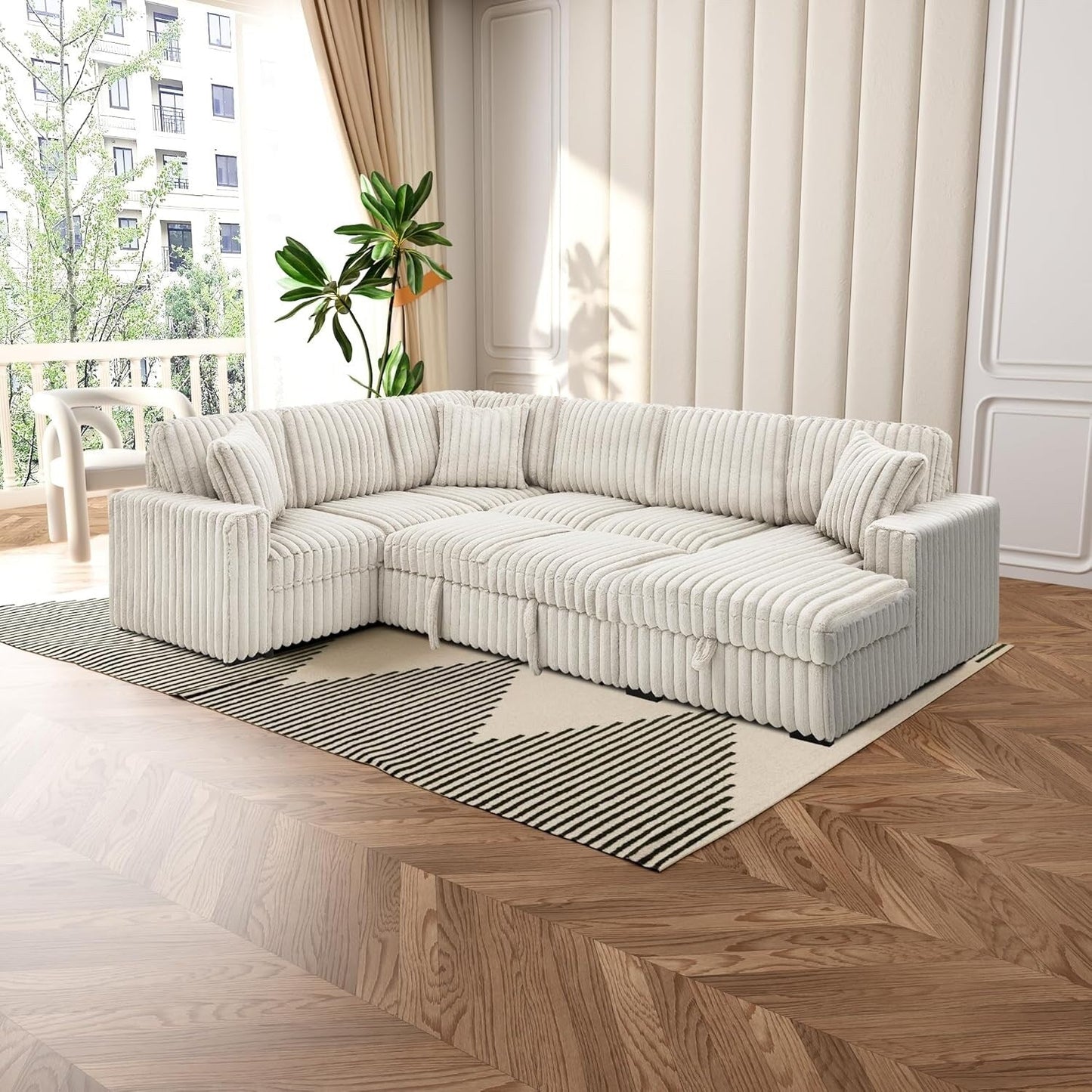 Divano letto estraibile Roomfitters da 122 pollici, divano letto in tessuto morbido, comodo divano letto imbottito a forma di U di grandi dimensioni