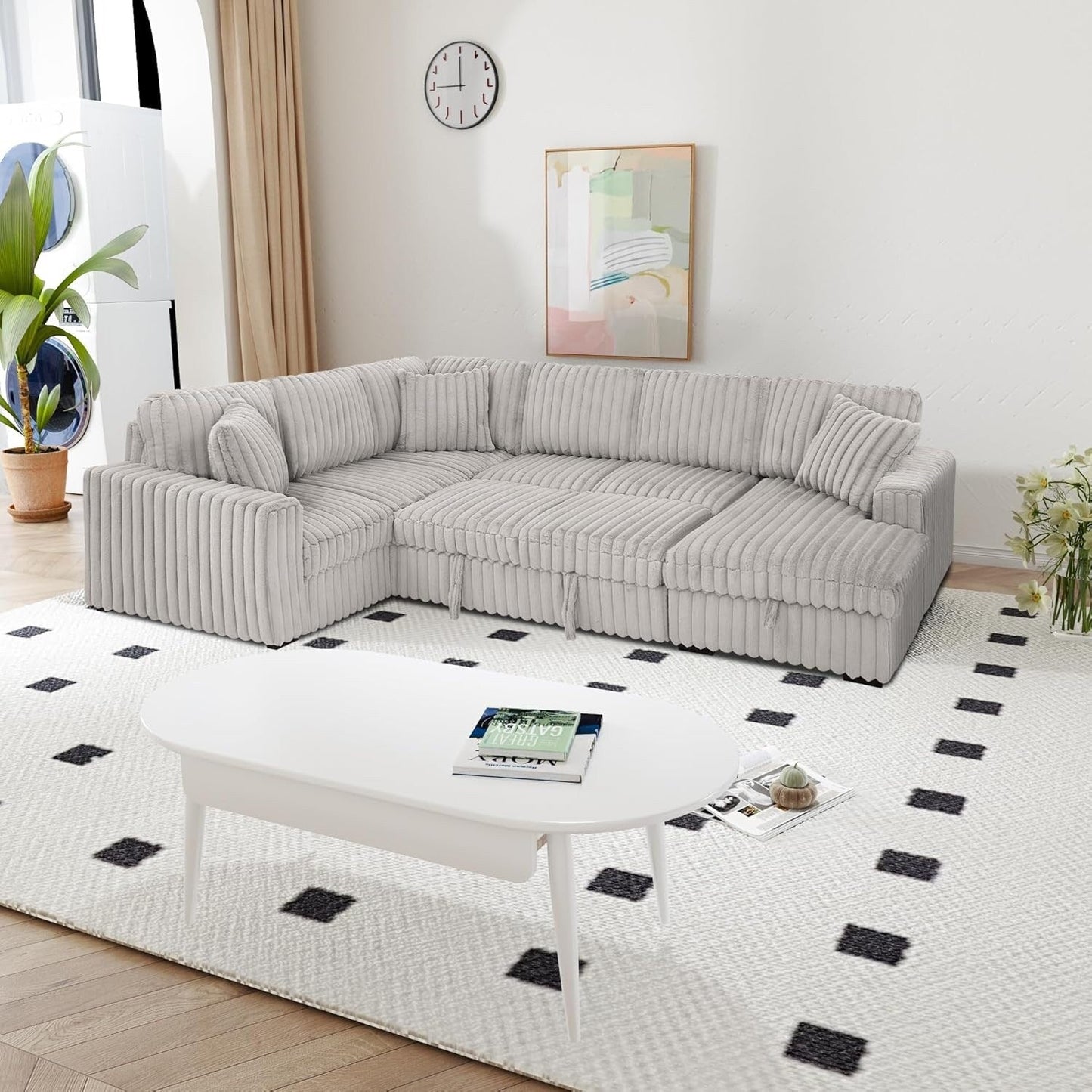 Divano letto estraibile Roomfitters da 122 pollici, divano letto in tessuto morbido, comodo divano letto imbottito a forma di U di grandi dimensioni