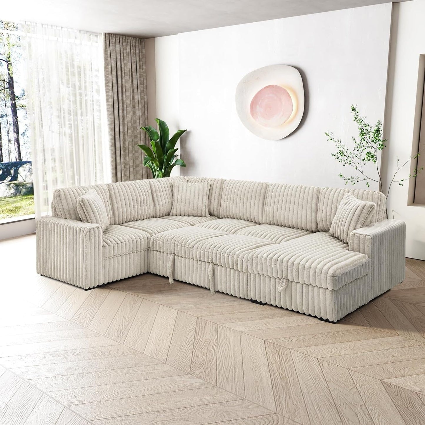 Divano letto estraibile Roomfitters da 122 pollici, divano letto in tessuto morbido, comodo divano letto imbottito a forma di U di grandi dimensioni