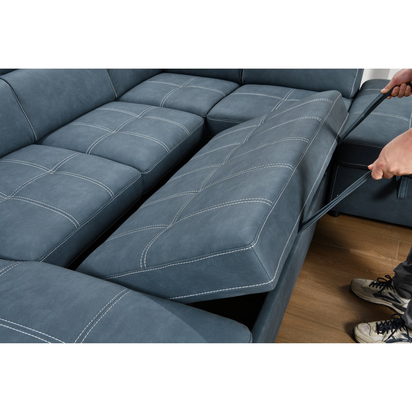 Divano componibile a U Roomfitters 128 con pouf, divano modulare reversibile, divano a 7 posti con seduta contenitore