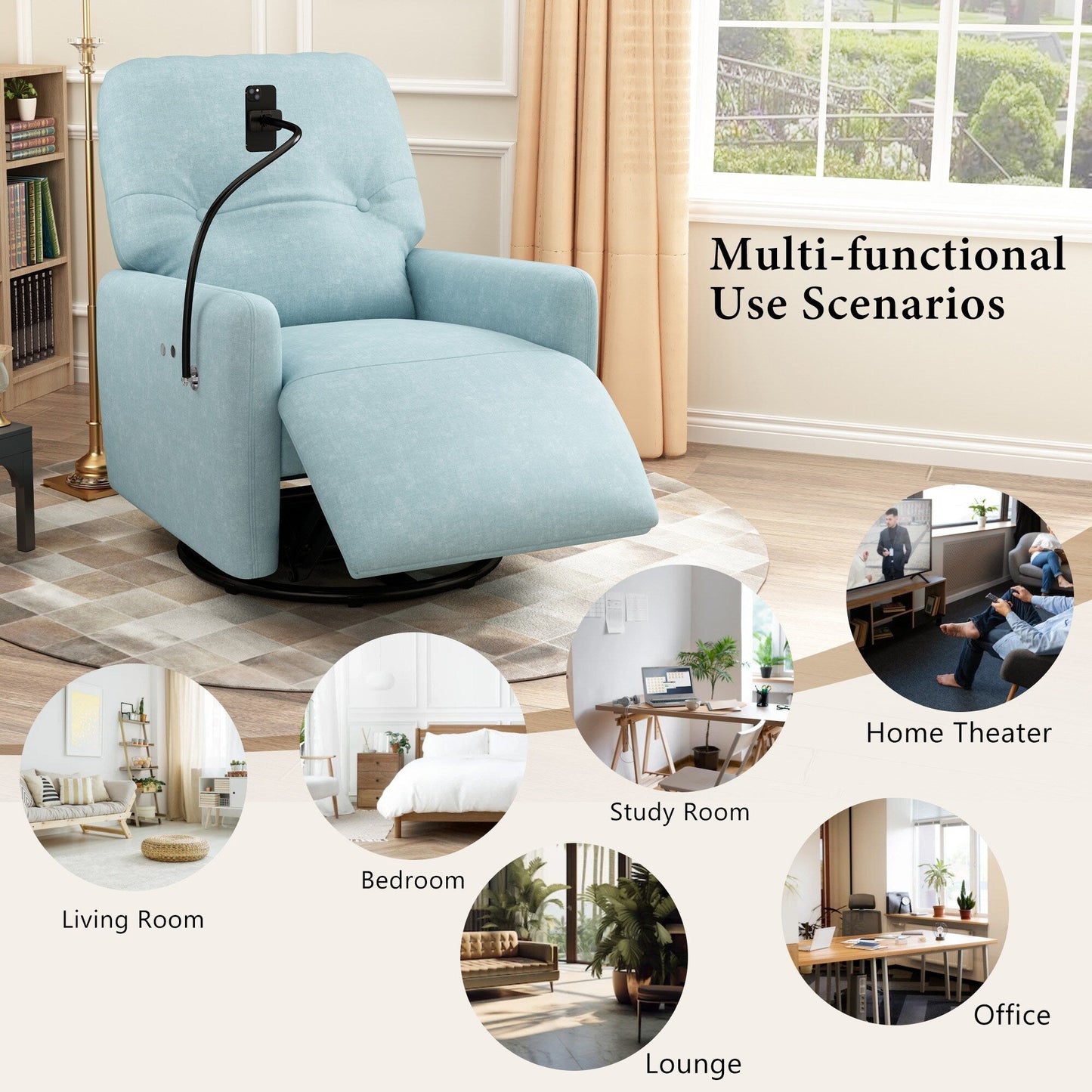 Poltrona reclinabile elettrica girevole a 270 gradi, poltrona reclinabile singola, poltrona reclinabile con movimento a dondolo, per home theater, Roomfitters