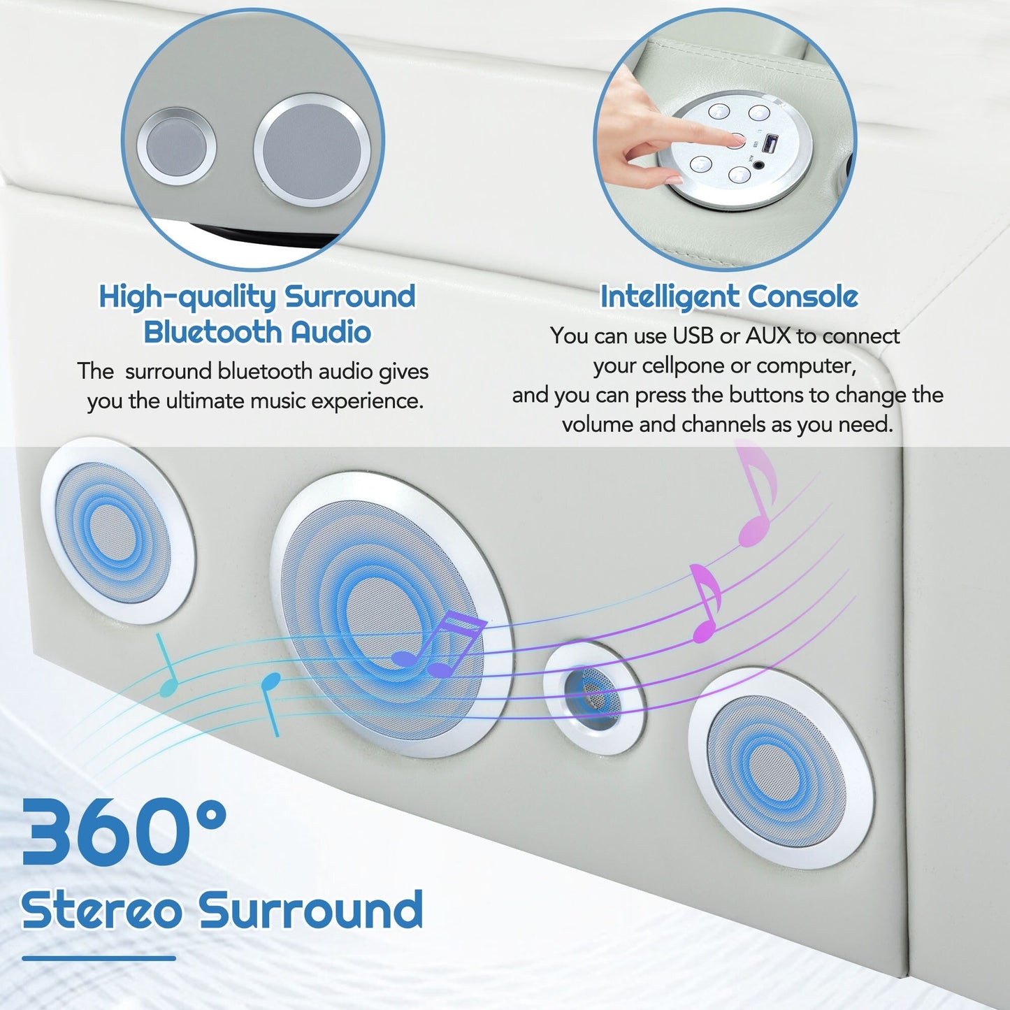 Poltrona reclinabile elettrica in similpelle girevole a 270° Roomfitters con suono surround integrato, tavolino rimovibile, bracciolo nascosto