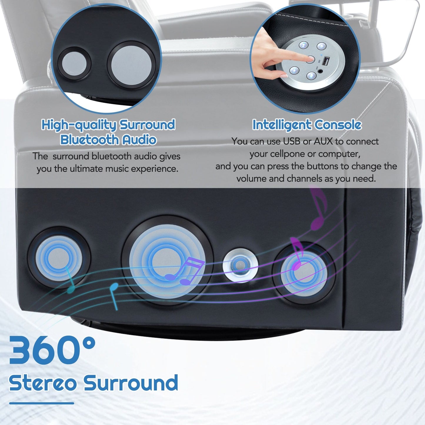 Poltrona reclinabile elettrica in similpelle girevole a 270° Roomfitters con suono surround integrato, tavolino rimovibile, bracciolo nascosto