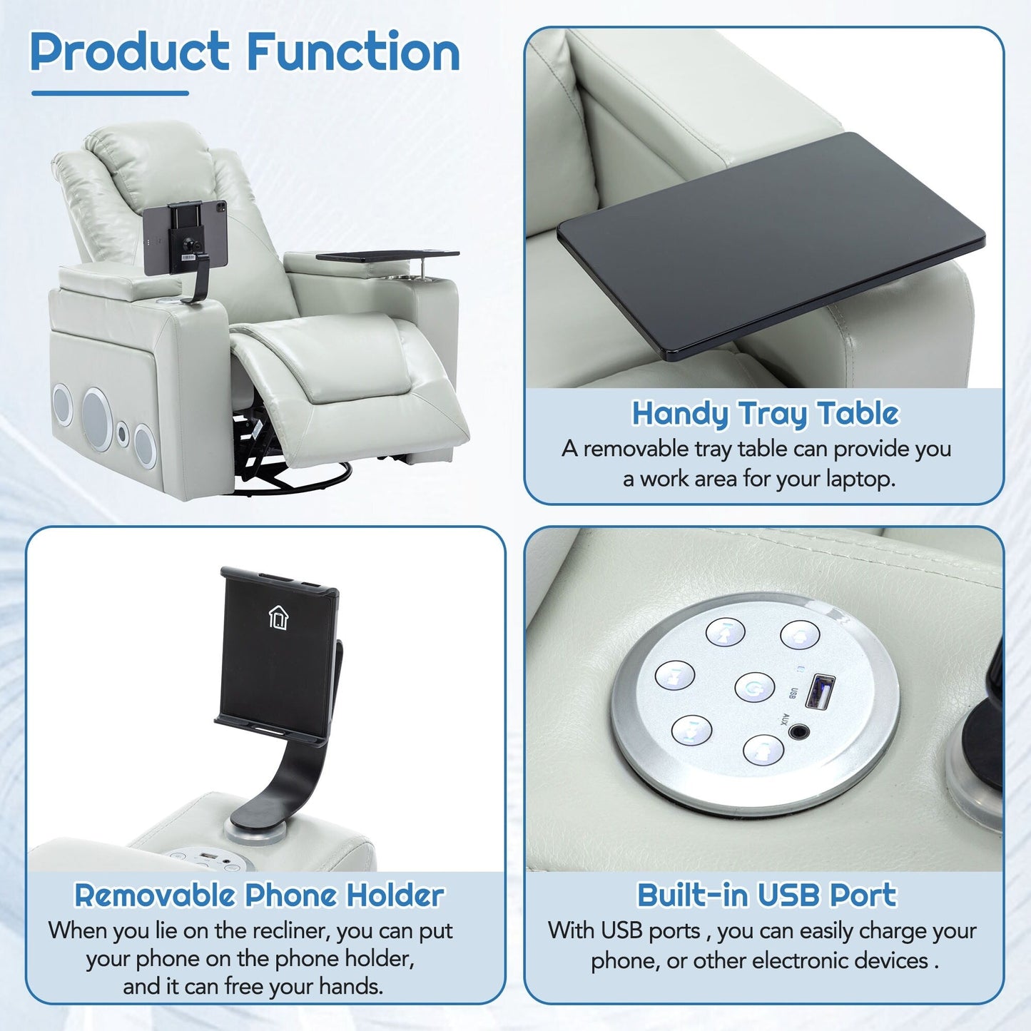 Poltrona reclinabile elettrica in similpelle girevole a 270° Roomfitters con suono surround integrato, tavolino rimovibile, bracciolo nascosto