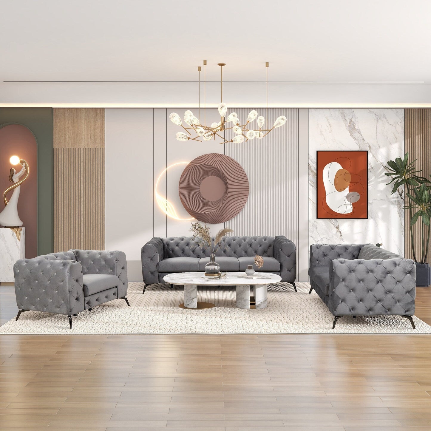 Set di divani rivestiti in velluto Roomfitters da 3 pezzi con robuste gambe in metallo, include divano a tre posti, divano a due posti e poltrona singola