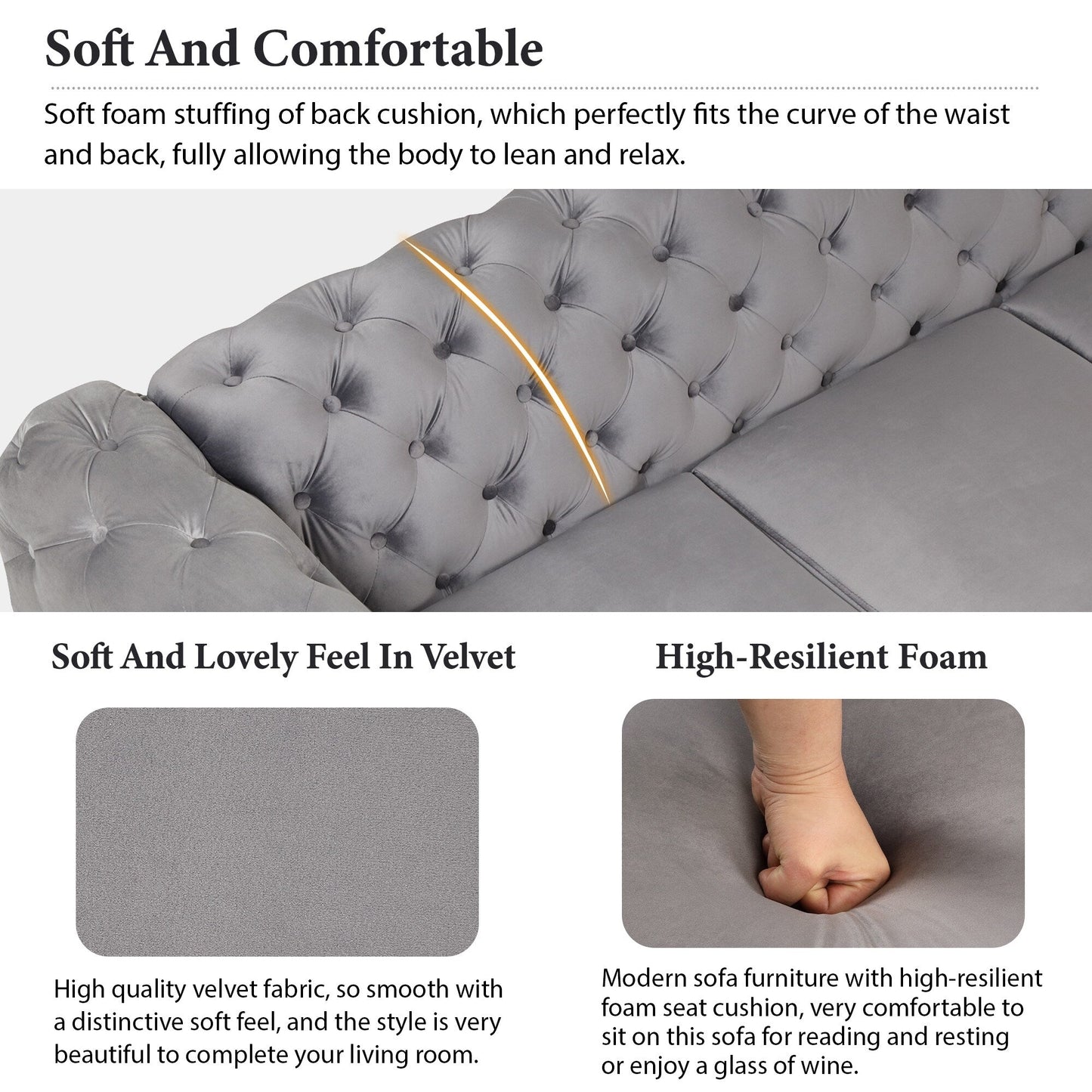 Set di divani rivestiti in velluto Roomfitters da 3 pezzi con robuste gambe in metallo, include divano a tre posti, divano a due posti e poltrona singola