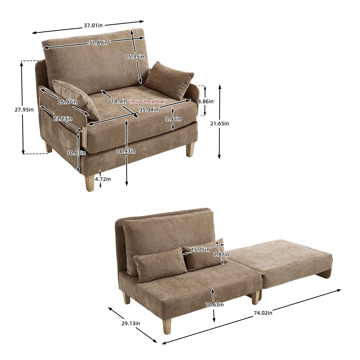 Divano letto reclinabile pieghevole 3 in 1 Roomfitters, divano letto trasformabile con cuscini per piccoli spazi, camera da letto o studio