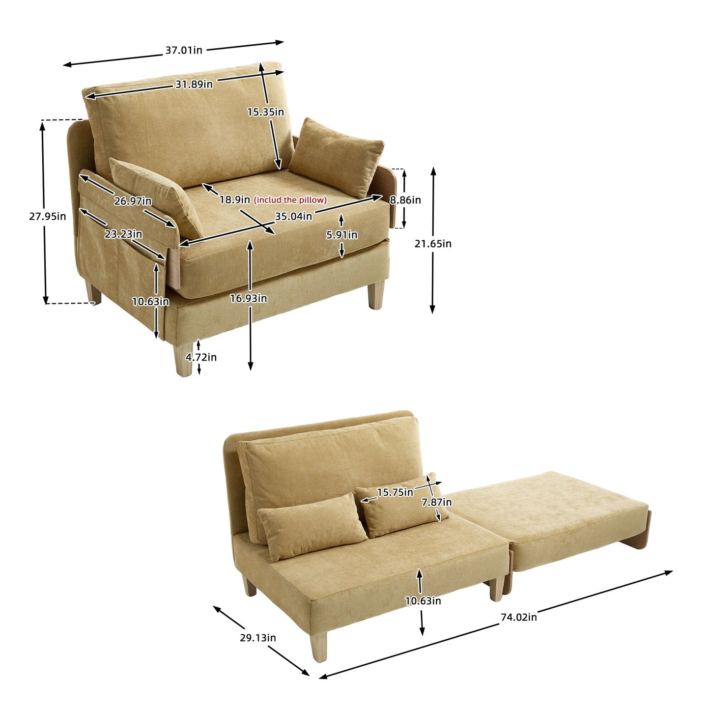 Divano letto reclinabile pieghevole 3 in 1 Roomfitters, divano letto trasformabile con cuscini per piccoli spazi, camera da letto o studio