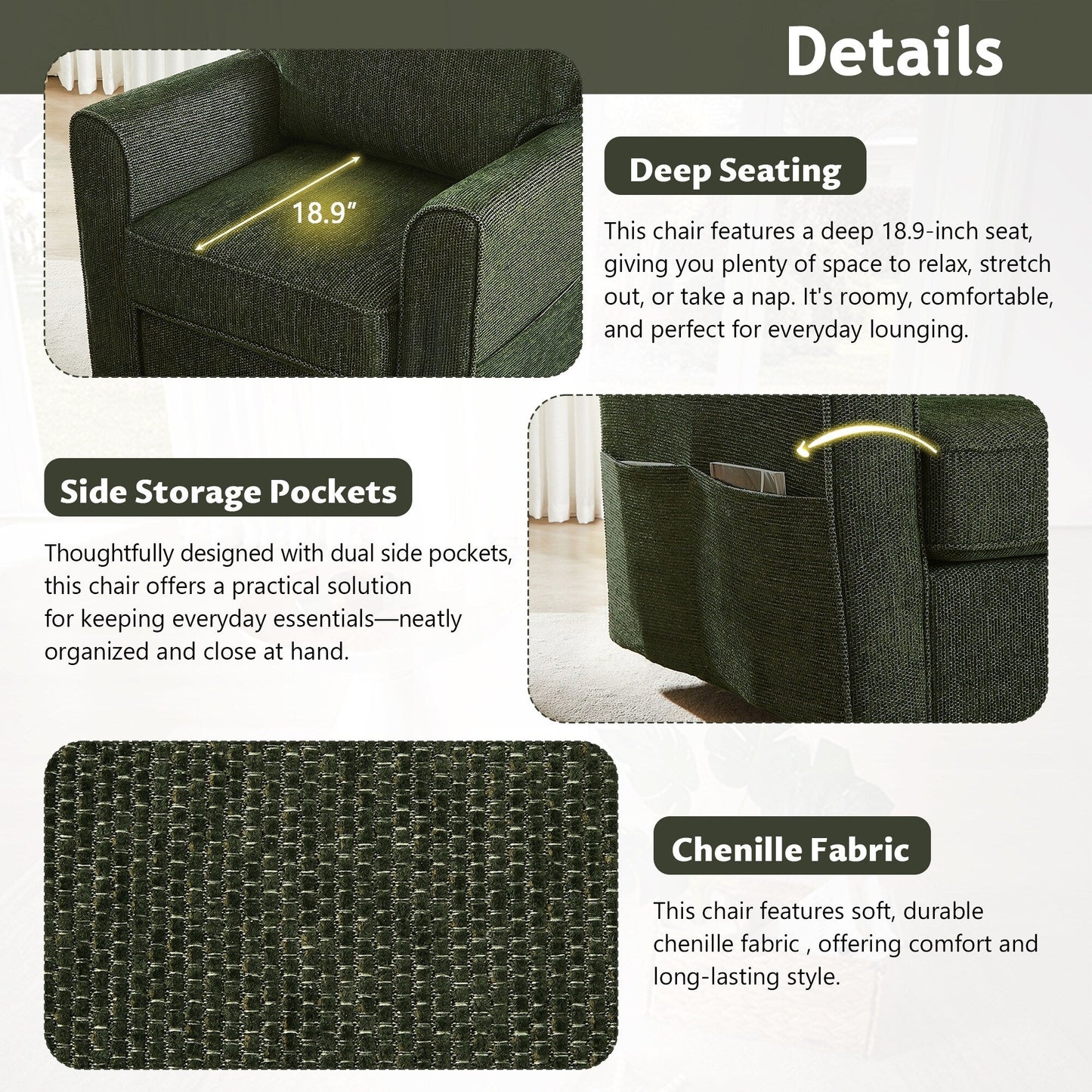 Poltrona girevole imbottita a 360° Roomfitters con tasche laterali per soggiorno, camera da letto, ufficio, hotel