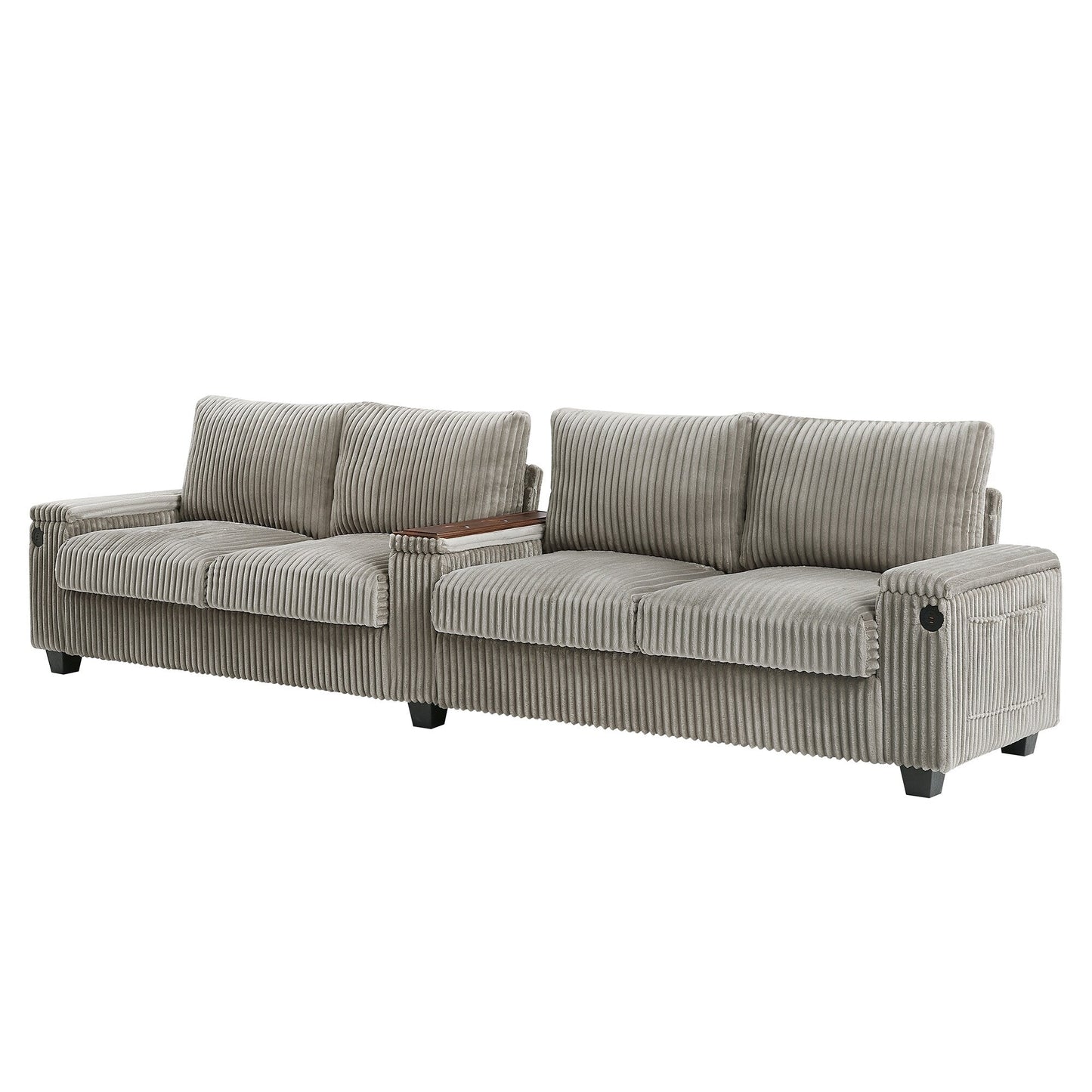 Divano moderno a 4 posti in velluto a coste Roomfitters con porte USB, braccioli portaoggetti nascosti e portabicchieri ribaltabili per il soggiorno