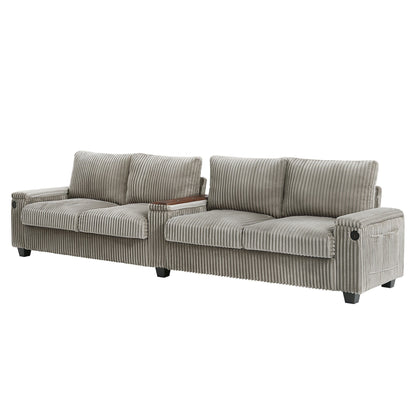 Divano moderno a 4 posti in velluto a coste Roomfitters con porte USB, braccioli portaoggetti nascosti e portabicchieri ribaltabili per il soggiorno