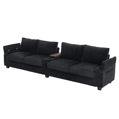 Divano moderno a 4 posti in velluto a coste Roomfitters con porte USB, braccioli portaoggetti nascosti e portabicchieri ribaltabili per il soggiorno