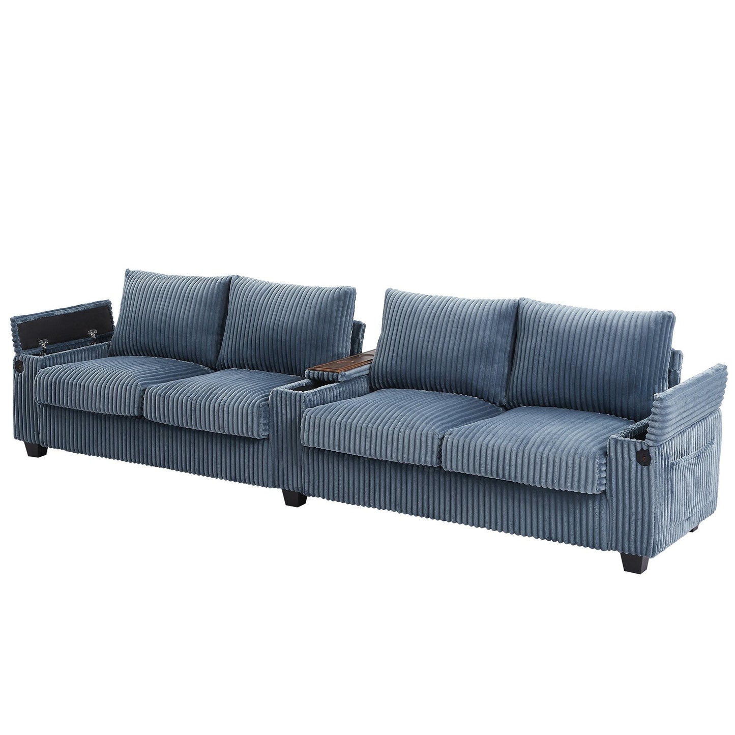 Divano moderno a 4 posti in velluto a coste Roomfitters con porte USB, braccioli portaoggetti nascosti e portabicchieri ribaltabili per il soggiorno