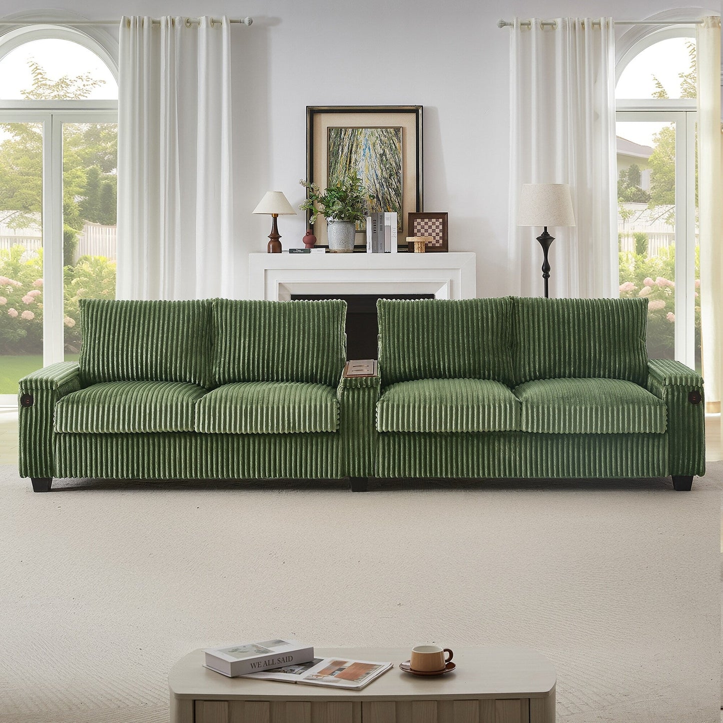 Divano moderno a 4 posti in velluto a coste Roomfitters con porte USB, braccioli portaoggetti nascosti e portabicchieri ribaltabili per il soggiorno