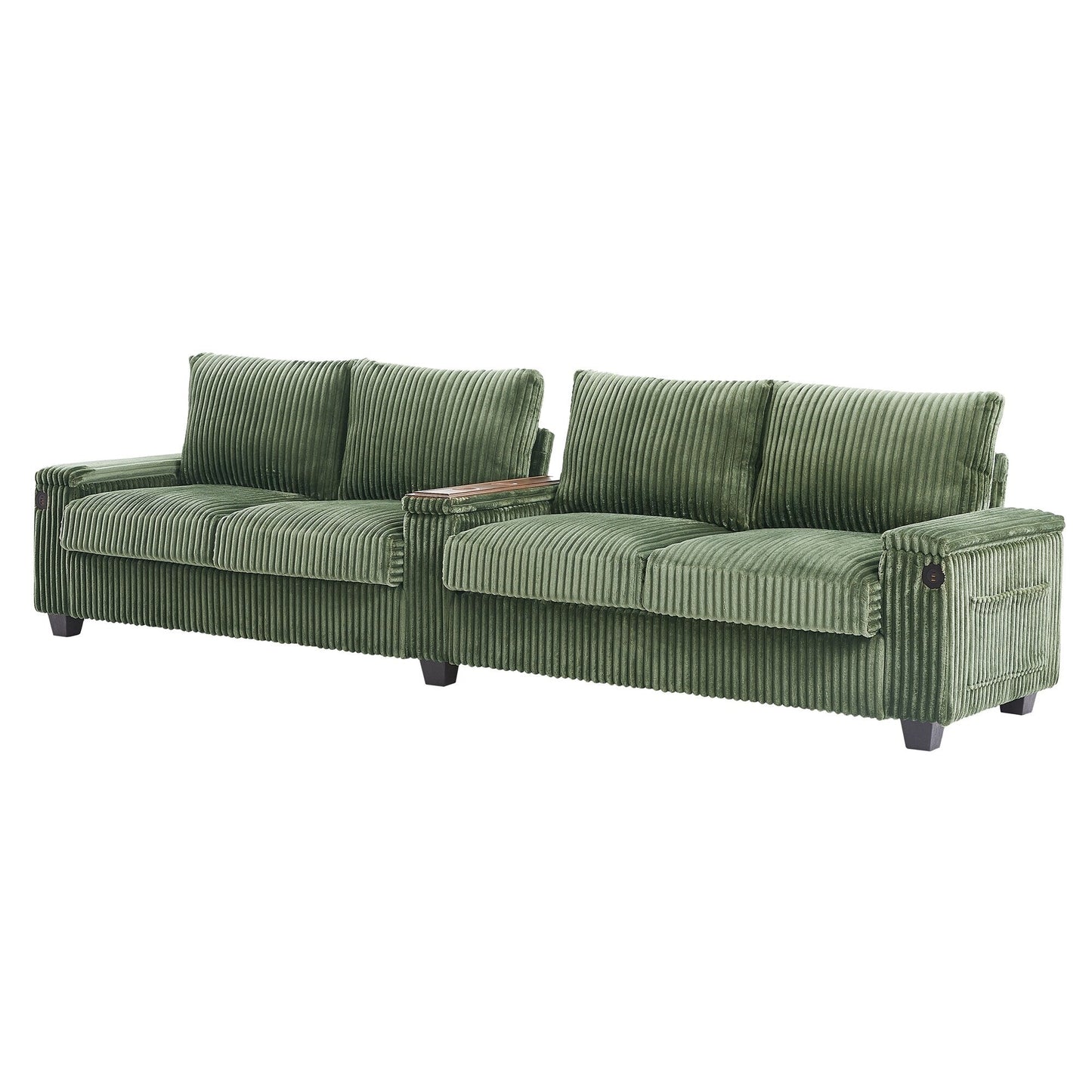 Divano moderno a 4 posti in velluto a coste Roomfitters con porte USB, braccioli portaoggetti nascosti e portabicchieri ribaltabili per il soggiorno