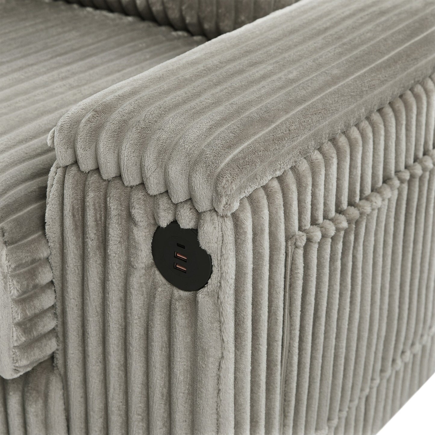 Divano moderno a 4 posti in velluto a coste Roomfitters con porte USB, braccioli portaoggetti nascosti e portabicchieri ribaltabili per il soggiorno