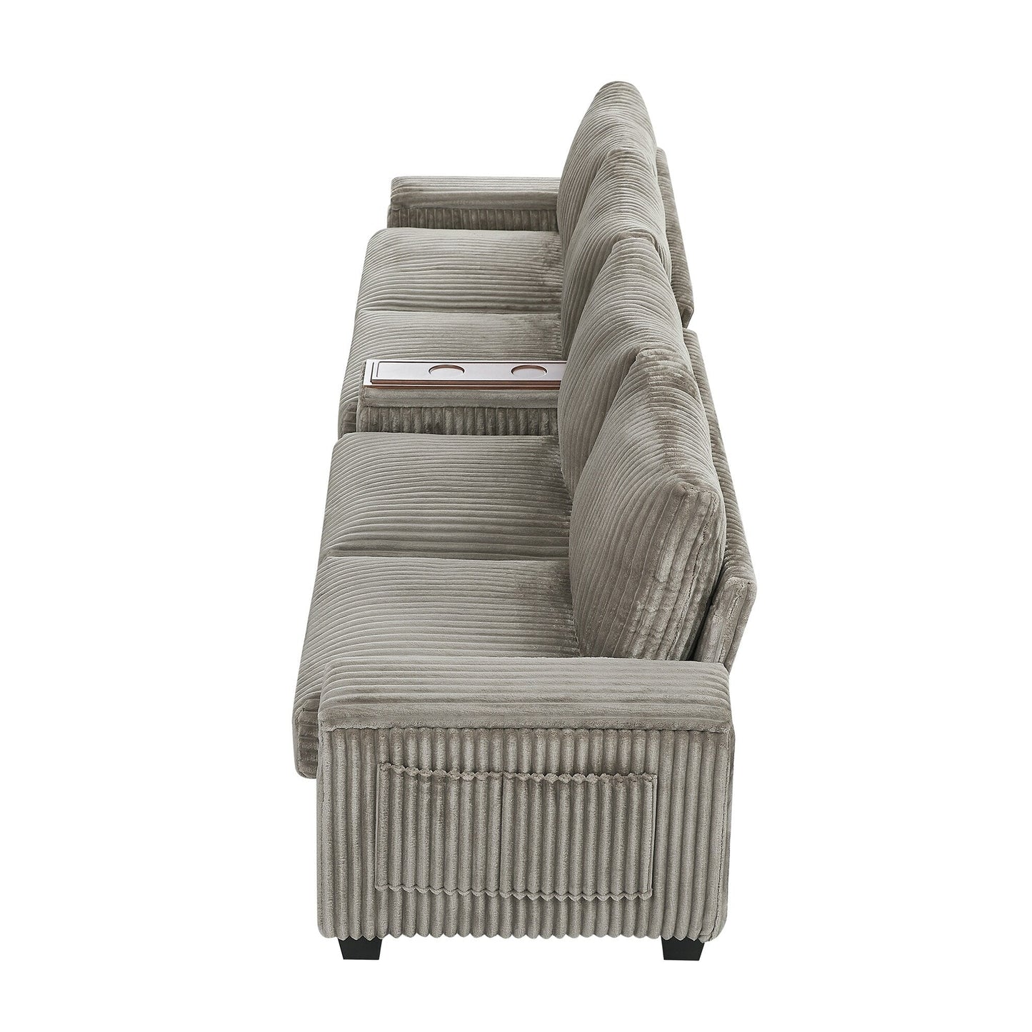 Divano moderno a 4 posti in velluto a coste Roomfitters con porte USB, braccioli portaoggetti nascosti e portabicchieri ribaltabili per il soggiorno