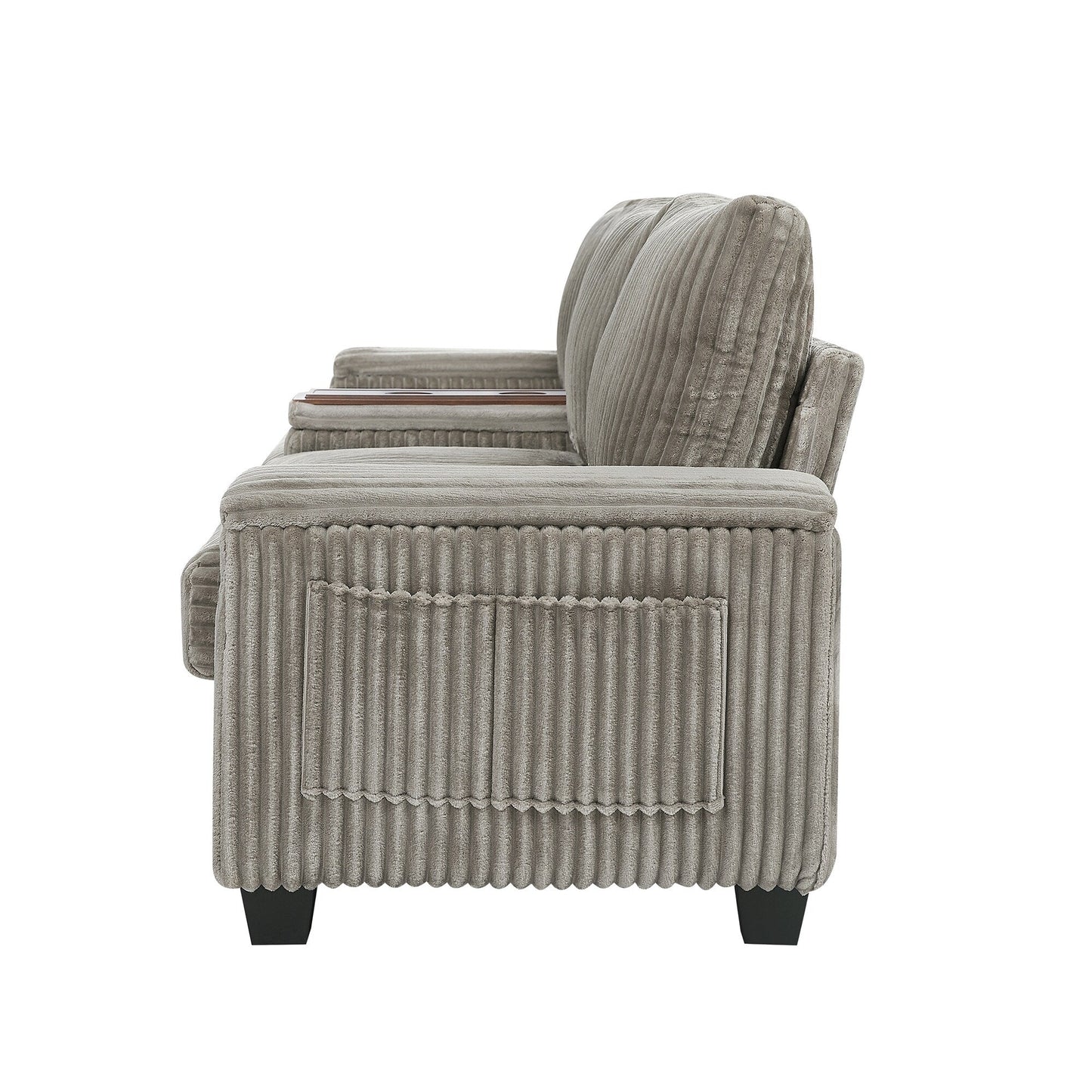 Divano moderno a 4 posti in velluto a coste Roomfitters con porte USB, braccioli portaoggetti nascosti e portabicchieri ribaltabili per il soggiorno