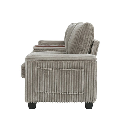 Divano moderno a 4 posti in velluto a coste Roomfitters con porte USB, braccioli portaoggetti nascosti e portabicchieri ribaltabili per il soggiorno