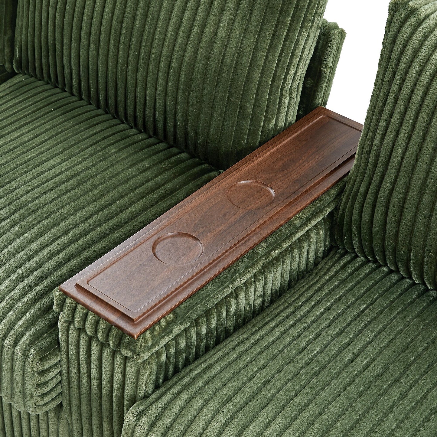 Divano moderno a 4 posti in velluto a coste Roomfitters con porte USB, braccioli portaoggetti nascosti e portabicchieri ribaltabili per il soggiorno