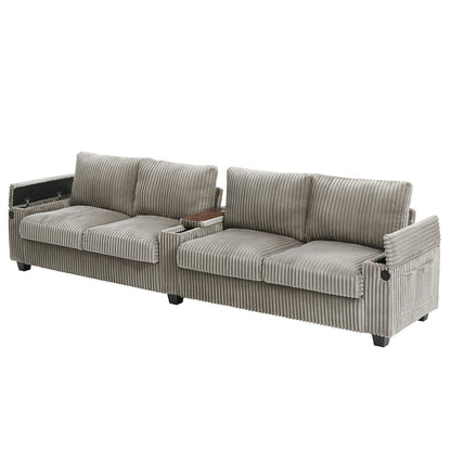 Divano moderno a 4 posti in velluto a coste Roomfitters con porte USB, braccioli portaoggetti nascosti e portabicchieri ribaltabili per il soggiorno