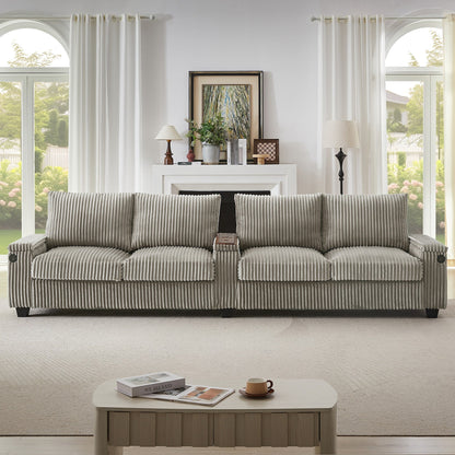 Divano moderno a 4 posti in velluto a coste Roomfitters con porte USB, braccioli portaoggetti nascosti e portabicchieri ribaltabili per il soggiorno