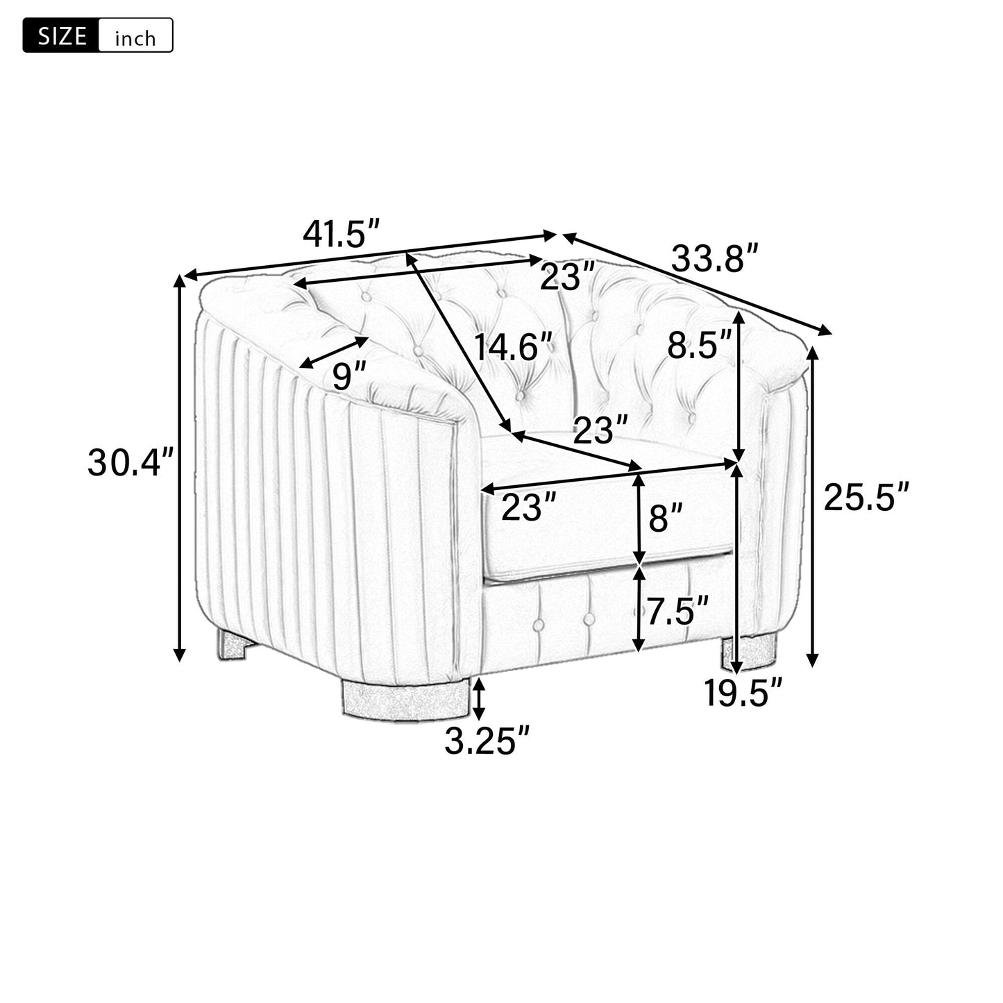 Divano moderno singolo Roomfitters 41.5 imbottito in velluto con cuscino spesso rimovibile