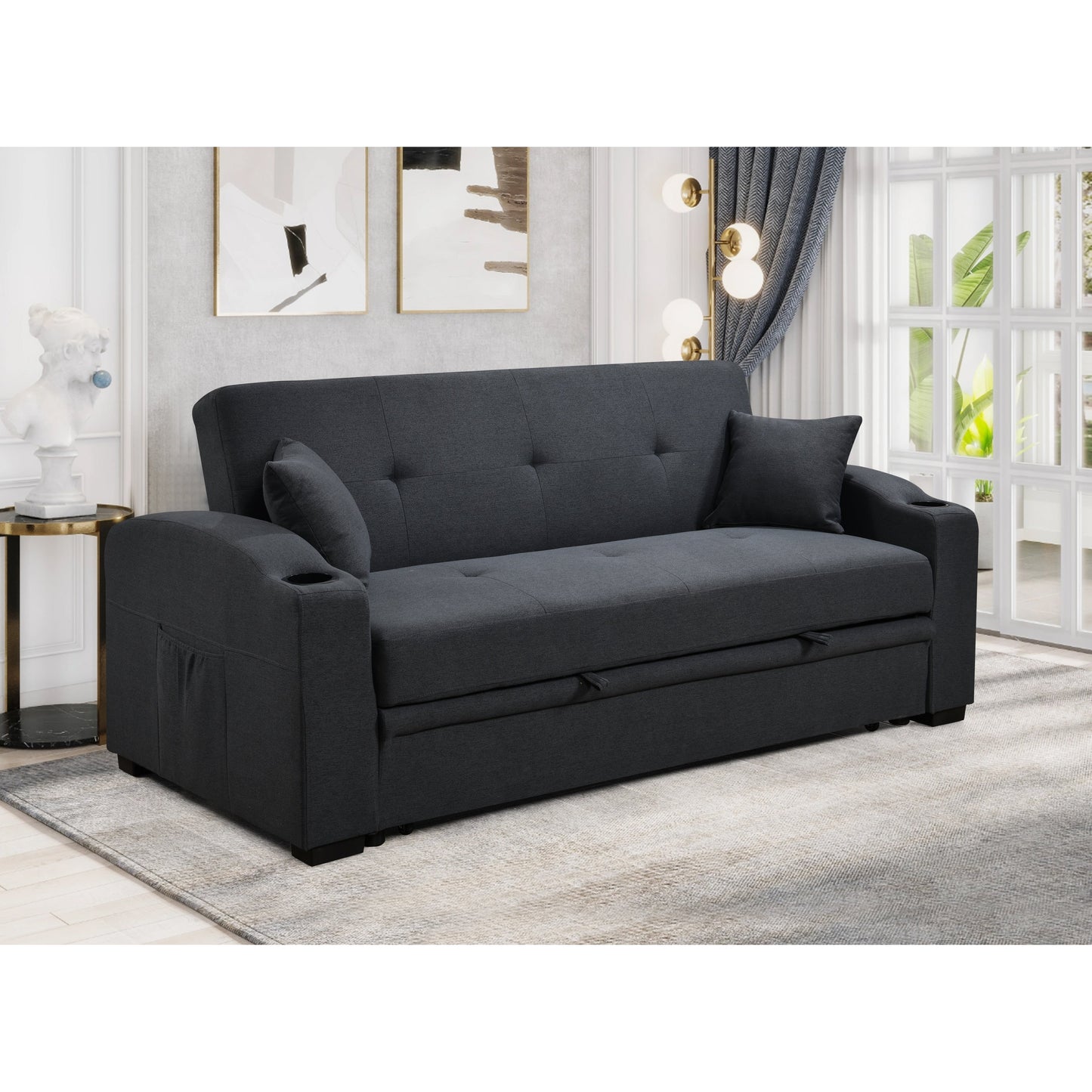 Divano moderno convertibile 3 in 1 Roomfitters da 75 pollici con comodo letto estraibile, schienale reclinabile, portabicchieri, cuscini