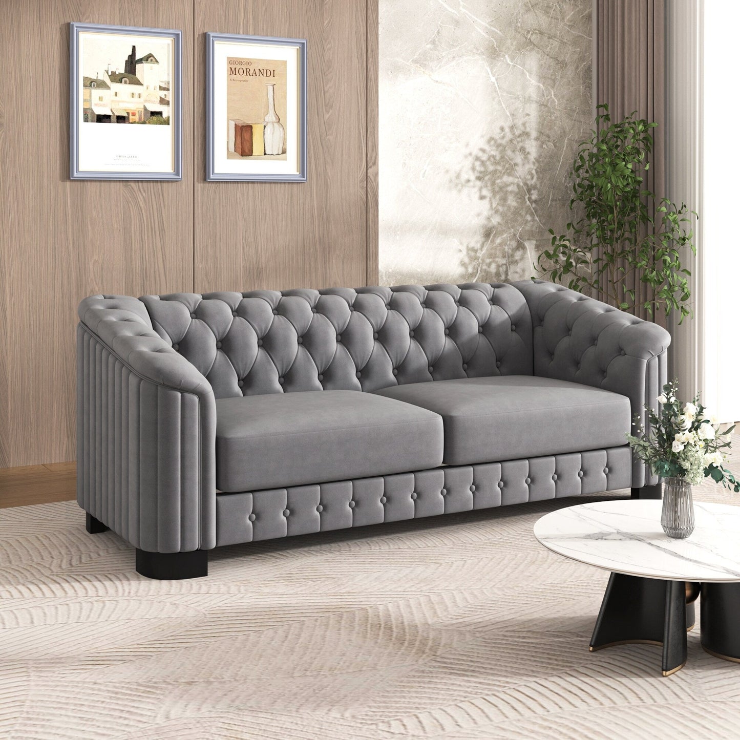 Divano in velluto moderno di metà secolo Roomfitters 82.4 con gambe in legno di gomma e cuscino di seduta spesso e rimovibile, 3 posti