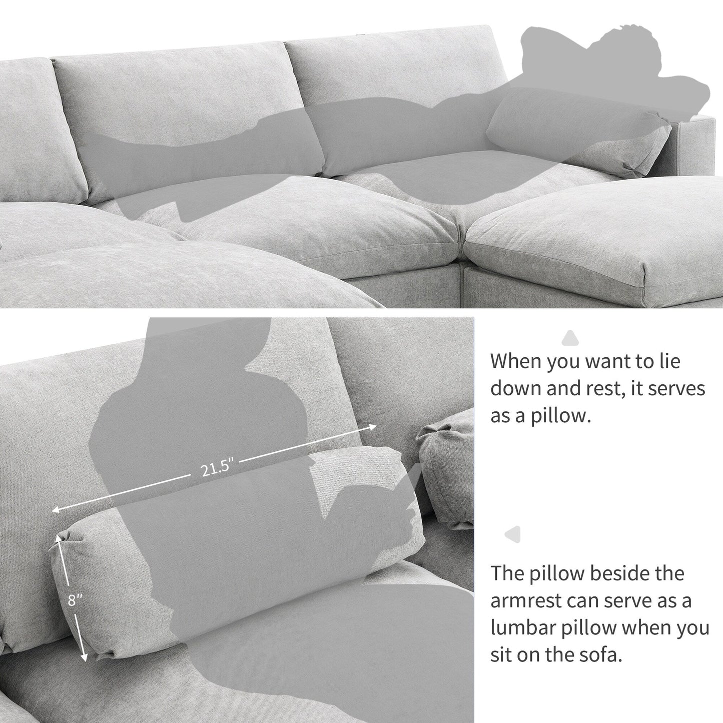 Divano componibile modulare in ciniglia Roomfitters 86.5, tasche portaoggetti, divano a U a 5 posti con cuscini e 2 pouf