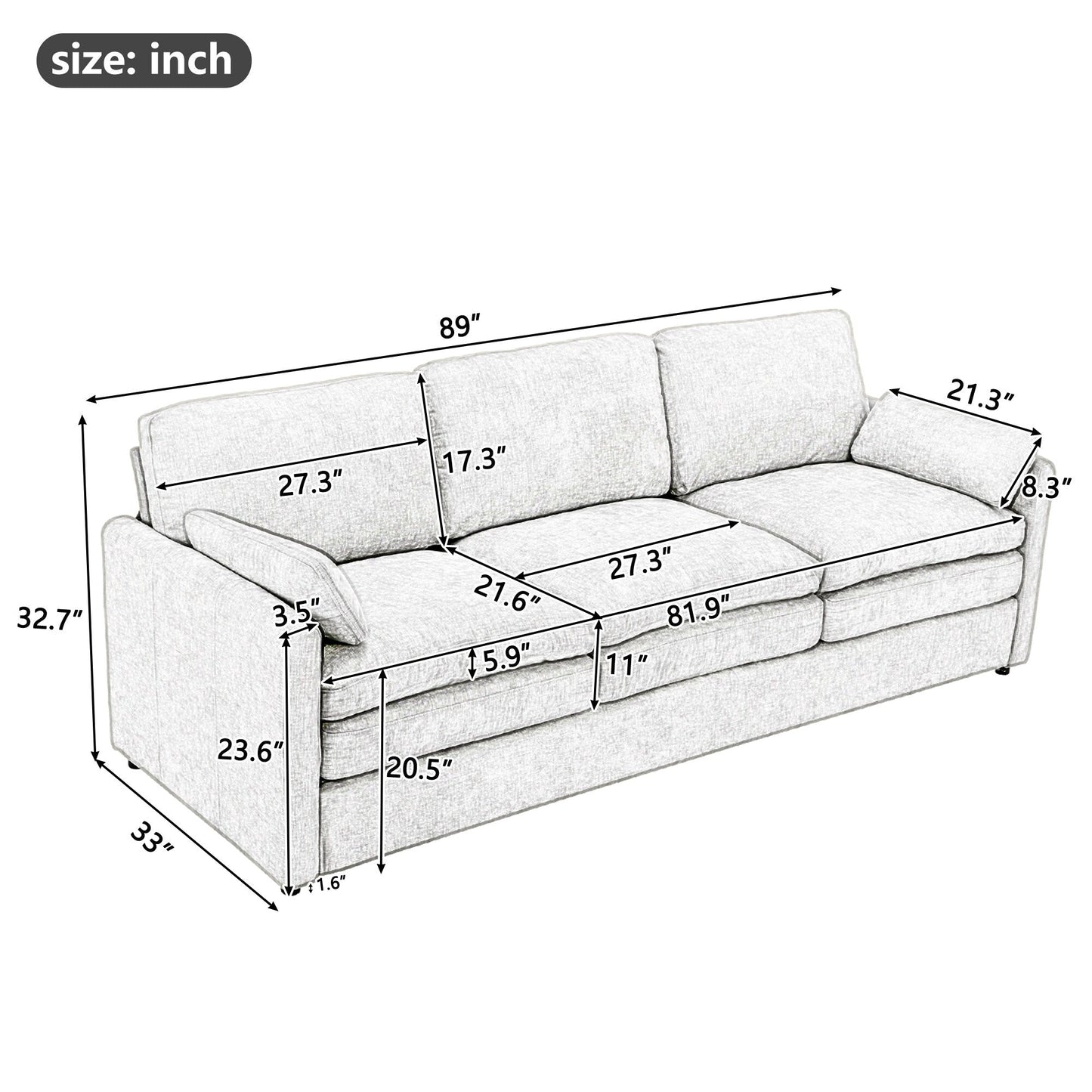 Divano imbottito oversize a 3 posti Roomfitters 89 con doppi cuscini morbidi