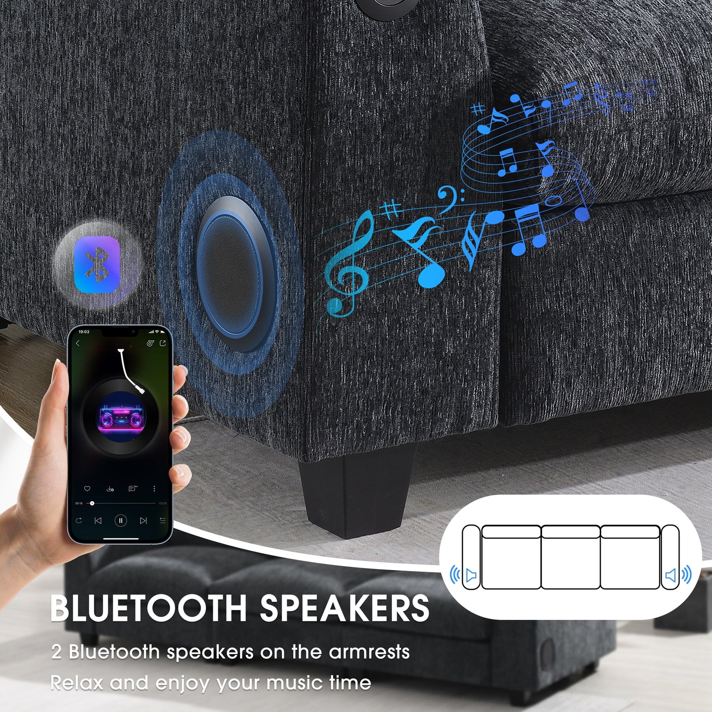 Divano componibile in ciniglia Roomfitters da 96'' x 35'' con altoparlante Bluetooth, comodo set divano a nuvola con tavolo a scomparsa, caricabatterie USB