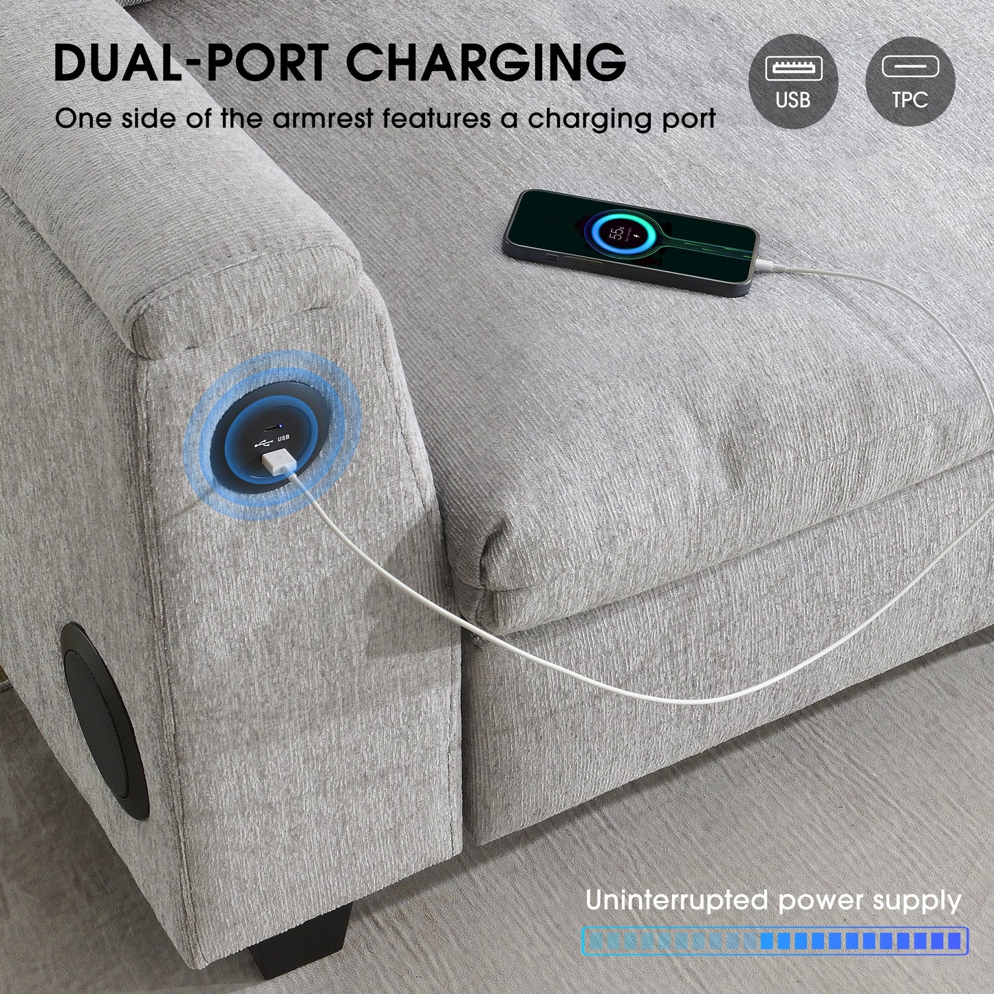 Divano componibile in ciniglia Roomfitters da 96'' x 35'' con altoparlante Bluetooth, comodo set divano a nuvola con tavolo a scomparsa, caricabatterie USB