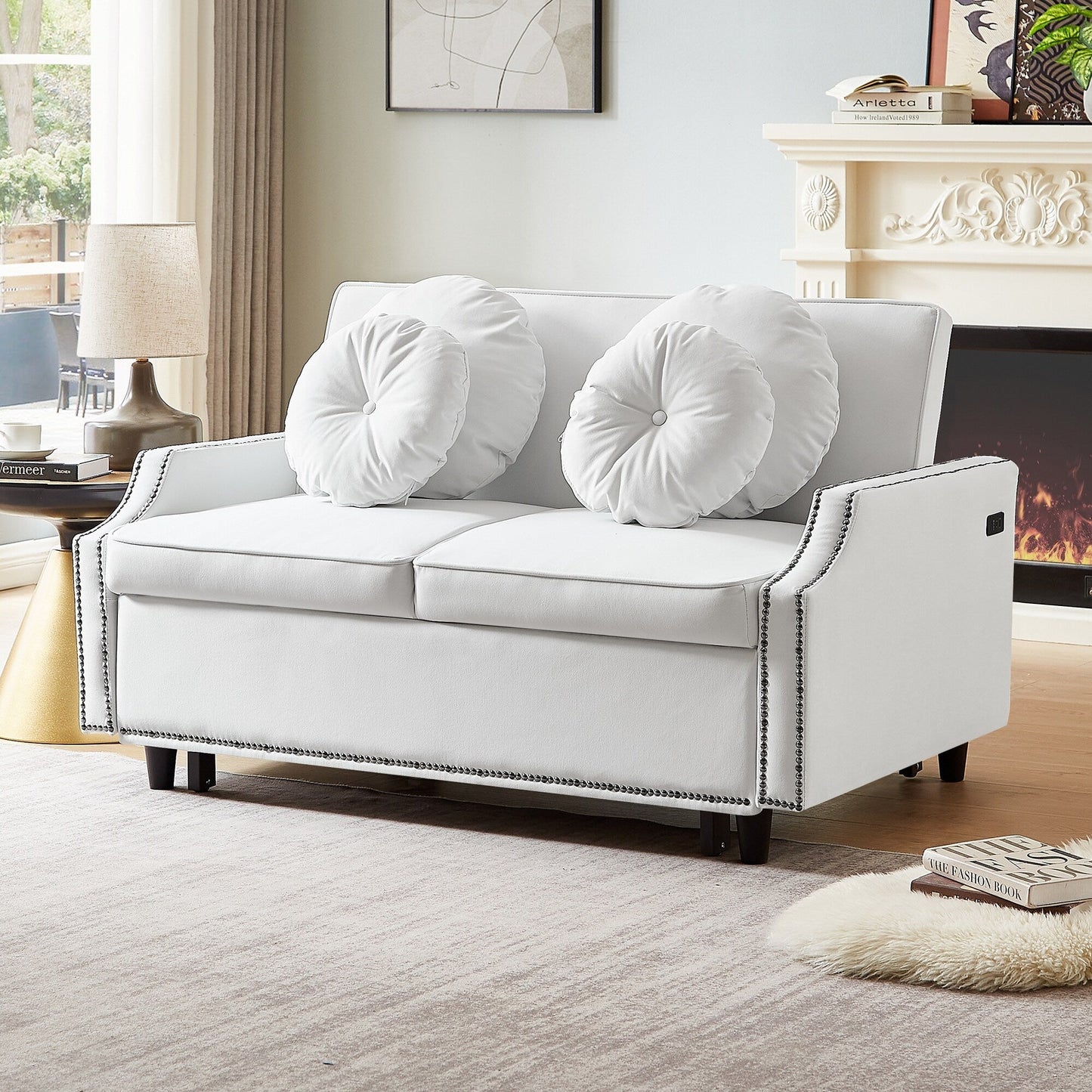 Divano letto regolabile Roomfitters con schienale imbottito con bottoni, porte USB e cuscini lombari floreali, perfetto per il soggiorno