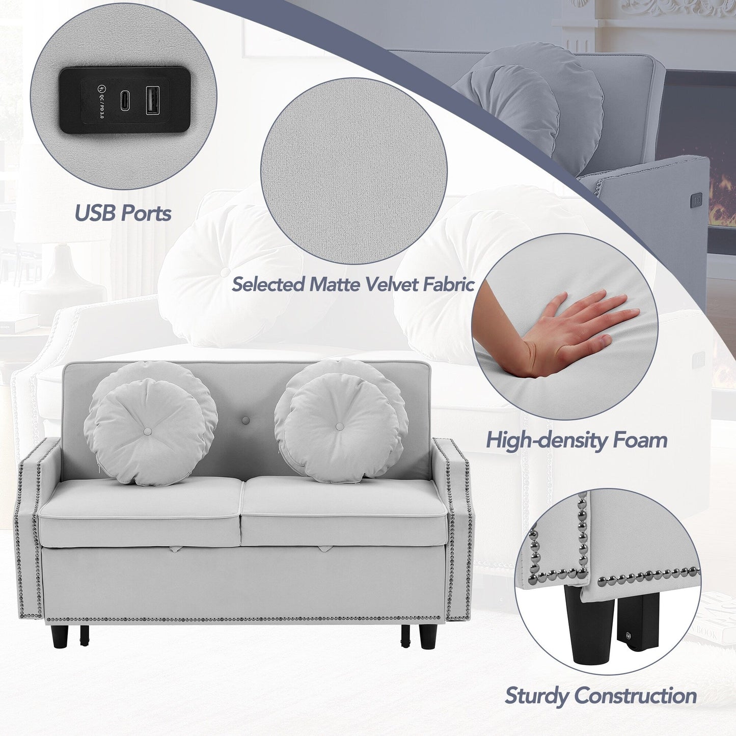 Divano letto regolabile Roomfitters con schienale imbottito con bottoni, porte USB e cuscini lombari floreali, perfetto per il soggiorno