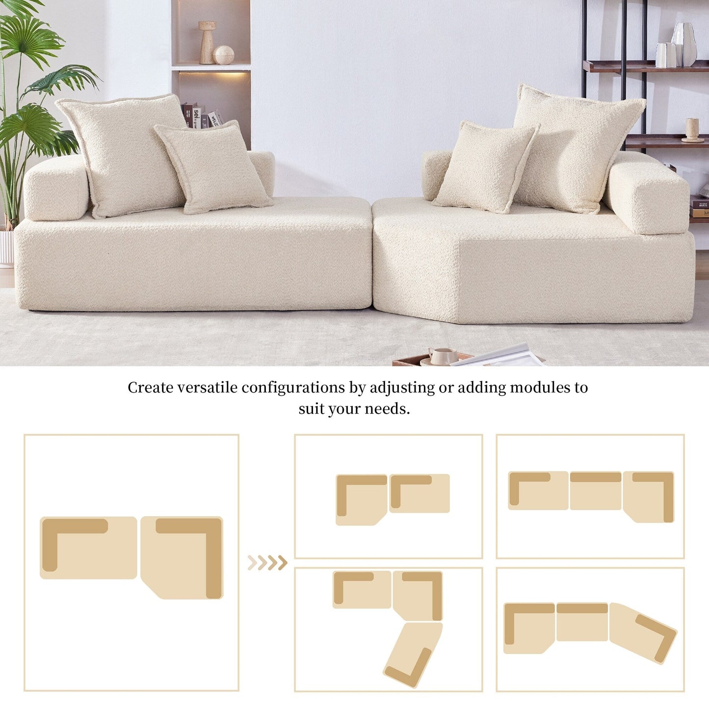 Divano modulare Roomfitters Boucle con set convertibile da 2 pezzi, divano da pavimento per soggiorno imbottito in schiuma di grandi dimensioni, beige